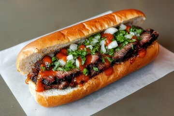 Close-up of a barbecue brisket sandwich with smoky brisket, barbecue sauce, and onions on a soft bun, Barbecue brisket sandwich, Bold and juicy