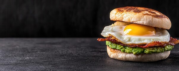 Close-up of a breakfast sandwich with eggs, bacon, cheese, and avocado on a toasted English muffin, Breakfast sandwich, Savory and energizing