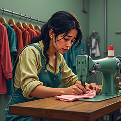 illustration of harsh working conditions of an poor garment worker.