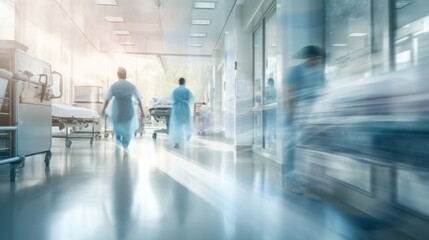 Clinic hallway with a blurred background where medical staff are pushing a patient on a bed,