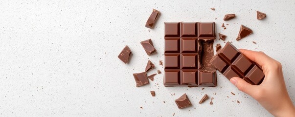 Close-up of a hand unwrapping a chocolate bar, with bits of chocolate already melting, Unwrapping chocolate bar, Rich and indulgent