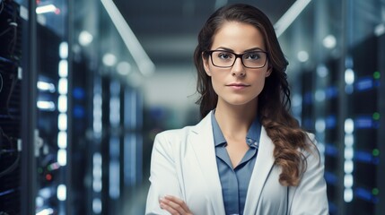 Obraz premium a female engineer standing confidently with her arms crossed before a data center filled with sleek servers