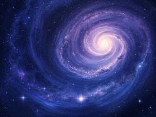 A deep indigo and purple swirling galaxy with faint.