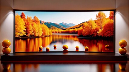 A modern living room with a large, curved TV displaying a scenic landscape.