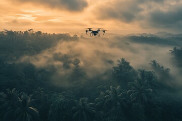 Fototapeta premium flying drone , with dramatic sky as background ,on Indonesia forest , wind flow