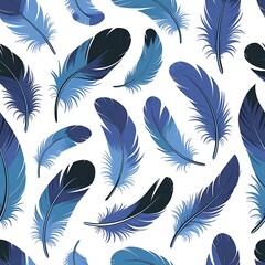 Seamless background with blue lightweight and bright feathers isolated on white