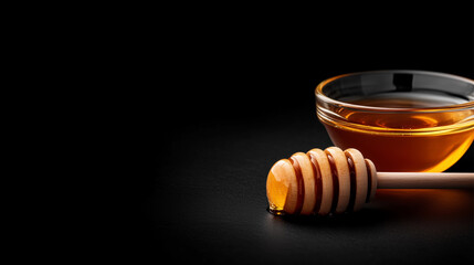 A bowl of honey with a wooden spoon in it. The bowl is on a dark background. The honey is golden and looks delicious