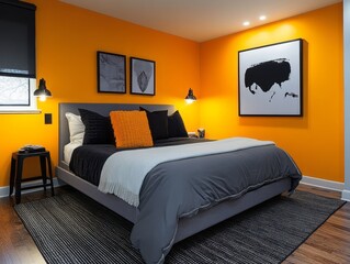Mustard accent walls with gray bedding and black decor for a sharp, contemporary vibe