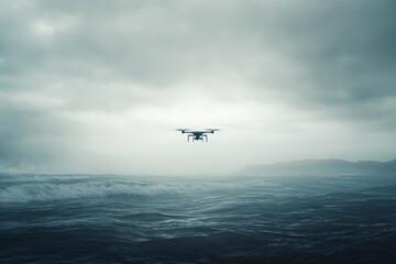 flying drone in the distance, with dramatic sky as background , sea waves at the bottom frame , wind flow