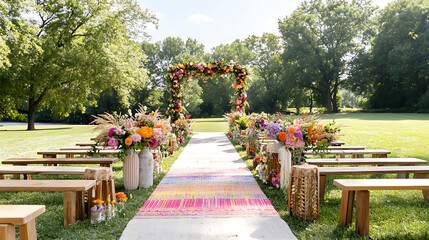 vibrant summer wedding aisle adorned with colorful flowers and archway