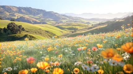A picturesque scene of a spring meadow with wildflowers in full bloom,