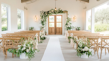 serene wedding chapel aisle adorned with floral arrangements and greenery