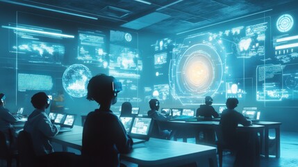 A futuristic classroom where students interact with AI tutors