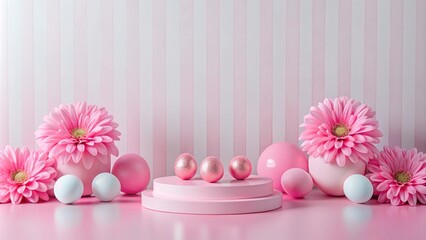 Pink and white minimalist product display with flowers and spheres.