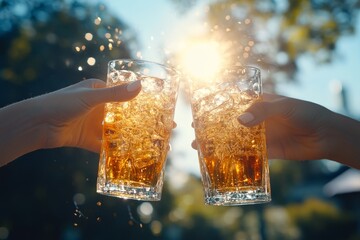 two people doing cheers with glass cola with ice on a sunny day, toast, refreshing  