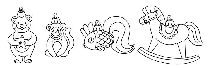 set of doodle Soviet Christmas tree toys. Glass toys. Animals bear, monkey, fish, horse, vintage items. The festive texture of the decor for decorating the Christmas tree. Seamless monochrome printing
