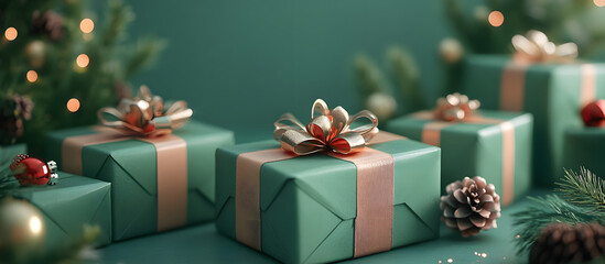 Merry Christmas and Happy Holidays greeting card, frame, banner. New Year. Noel. Green wrapped Christmas gifts, presents with decorations on green background close up. Winter xmas holiday theme.