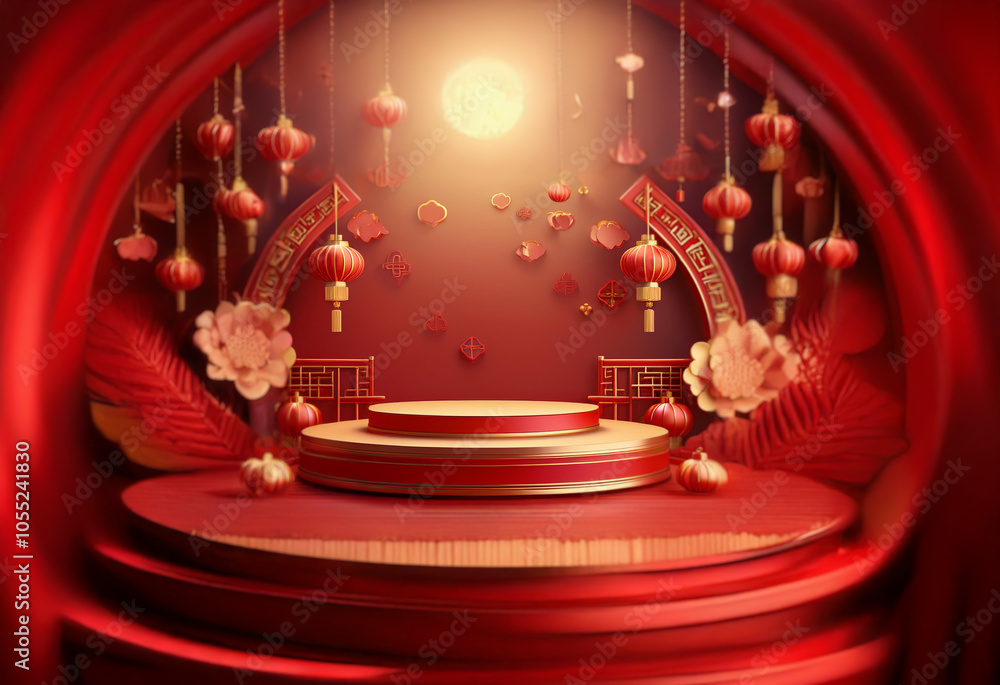 Aufkleber red and gold circular platform with hanging lanterns and decorative elements surrounded by a red arc