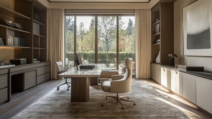 A home office featuring sleek, minimalist furniture, high-end finishes, and a neutral palette that exudes quiet sophistication