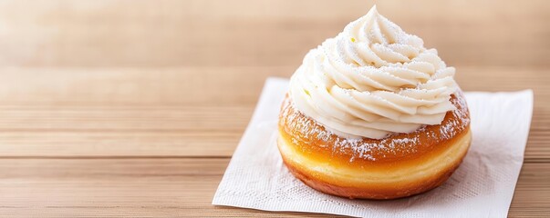 Close-up of a donut filled with cream, topped with powdered sugar, placed on a napkin, Cream-filled donut, Rich and indulgent