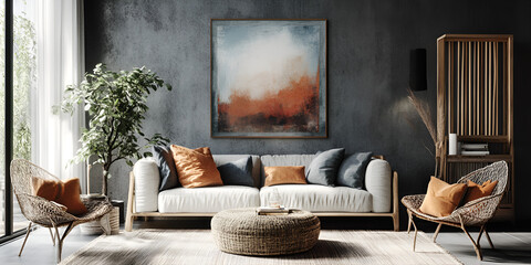 "Modern Living Room with Cozy Sofa, Armchairs, and Abstract Wall Art"