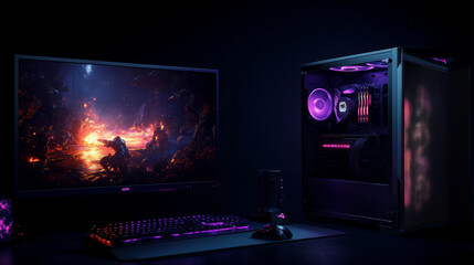 A computer monitor with a neon green and purple background. The background is a cityscape with lights and buildings