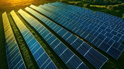 A vast solar energy farm with rows of solar panels stretching into the horizon