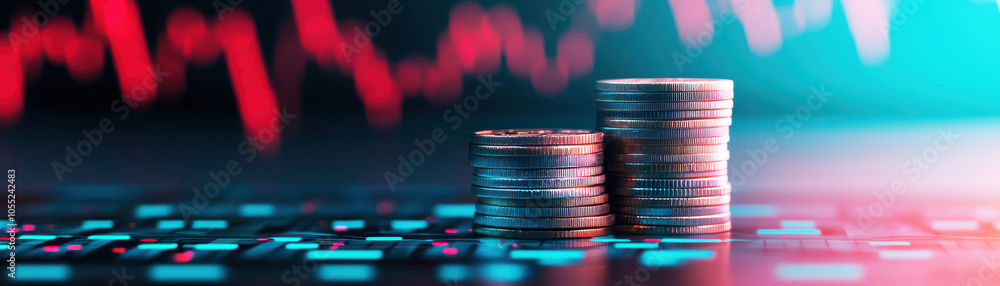 Poster a close-up view of stacked coins on a digital surface, with a backdrop of fluctuating financial grap
