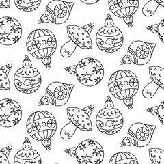 doodle pattern of Soviet Christmas tree toys of various shapes. Toys made of glass. illustration is made in a vintage style, various objects, balls and mushroom of various shapes. Festive decorating