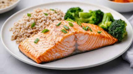 A delicious plate of salmon fillet served with steamed broccoli and brown rice, promoting a healthy and balanced meal.
