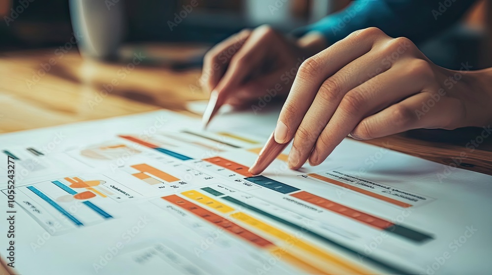 Poster close-up of a hand pointing at a graph on a table