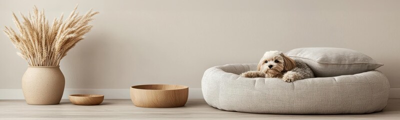 Artistic depiction of a pet-friendly hotel room with cozy pet bed, bowls, and stylish modern decor, Pet-friendly hotel room, Thoughtful and inclusive