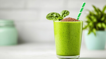 Delicious green smoothie in glass, topped with spinach and chocolate, placed on a blurred background.