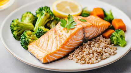 Delicious salmon fillet served with broccoli, carrots, and grain, garnished with lemon and parsley for a healthy meal.