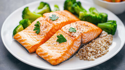 Delicious salmon fillets served with broccoli and grains, garnished with fresh herbs on a white plate.