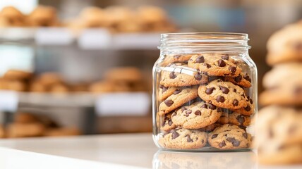 Close-up of a glass jar filled with classic chocolate chip cookies on a bakery counter, Cookie jar display, Nostalgic and tasty