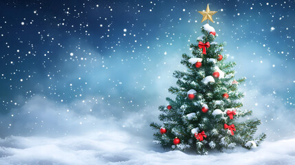 Obraz premium Tree in the yard with Christmas decorations in the snow