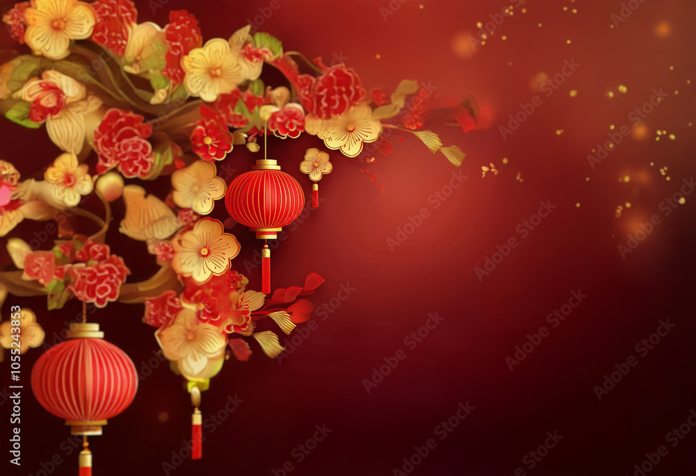 Wall mural a red background with a stylized tree with cherry blossoms and red lanterns hanging from its branche