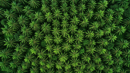 Aerial view of dense tropical forest canopy with lush green palm trees and foliage patterns creating a symmetrical natural texture.