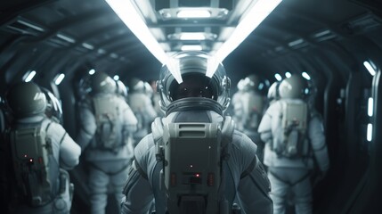 Team of astronauts in a space suits aboard the orbital station. A crew of cosmonauts piloting the spaceship. People in space. Galactic travel and science concept.