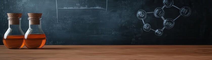3D model of a blackboard in a science lab filled with notes on a biology lesson, with molecular diagrams and annotations, Science lab blackboard, Educational and detailed