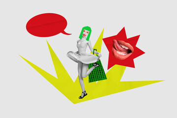 Composite photo collage of happy girl sexy dress mask face elements pouted lips mouth talk sale...