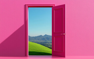 A bright pink door opens to a scenic view of green hills and mountains under a clear blue sky, symbolizing opportunity and exploration.