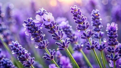 Fototapeta premium A cluster of lavender flowers with droplets of water glistening on their petals in a field setting, lavender, droplets, landscape