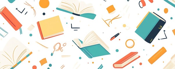 A colorful pattern featuring various books and stationery items.