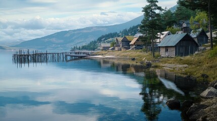 Fototapeta premium A tranquil scene of a small village on the shores of Lake Baikal,