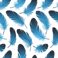 Seamless background with blue lightweight and bright feathers isolated on white