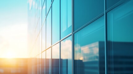 Fototapeta premium Reflection of a modern building with sunset light illuminating the glass facade.