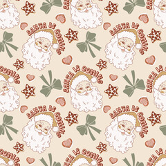 Seamless cute Merry christmas pattern with santa claus on pink background for holiday designs. Good for textile print, wrapping paper, and other decoration.