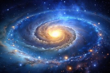 A cosmic landscape featuring a stunning spiral galaxy with billions of twinkling stars and glowing gas clouds against a deep blue background, stars, space, celestial body, galaxy